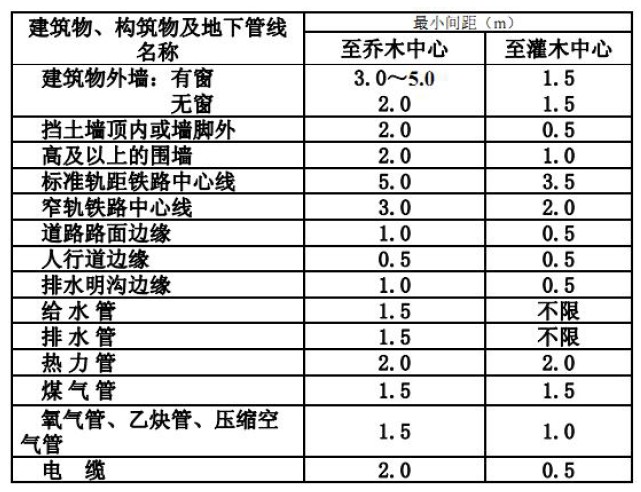 树木与建筑物、构筑物及地下管线的最小间距.jpg